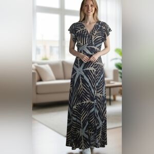 MAEVE By Anthropologie, Elegant Blue and Tan Patterned Maxi Dress.Size XS